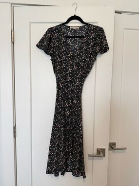 LOFT Black Wrap Dress with Pink and Green Floral Print